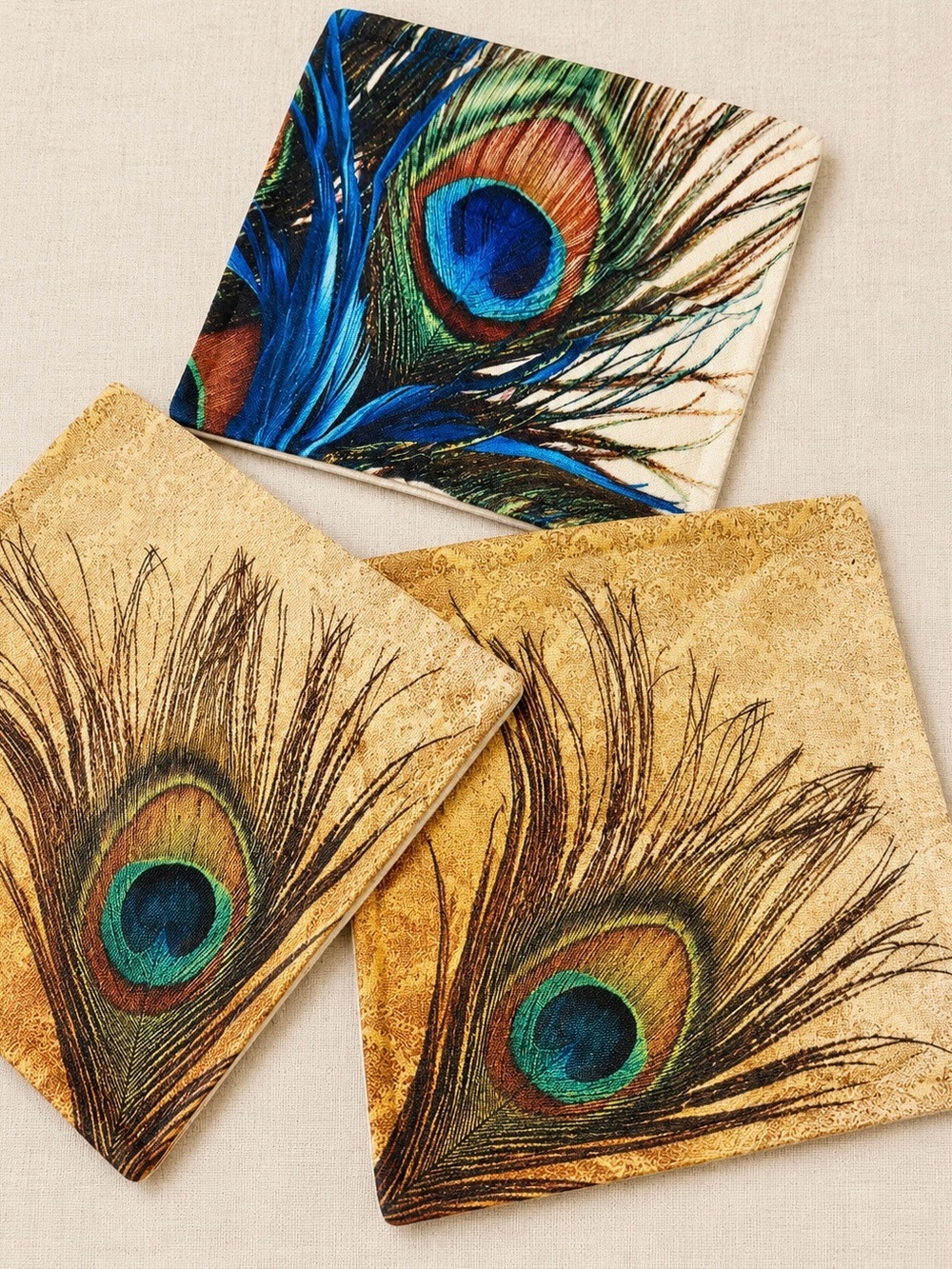 Set of 3 | Peacock Feather Linen Pillow Covers w Hidden Zipper Luxury Home Decor